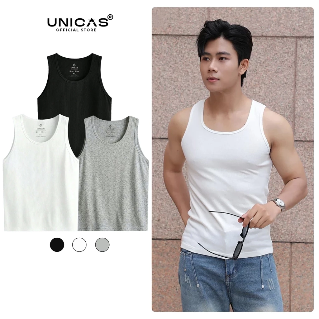 Áo Ba Lỗ UNICAS Form Regular Fit Vải Thun Gân Trơn Thoáng Mát Mặc Gym, Thể Thao, Thường Ngày