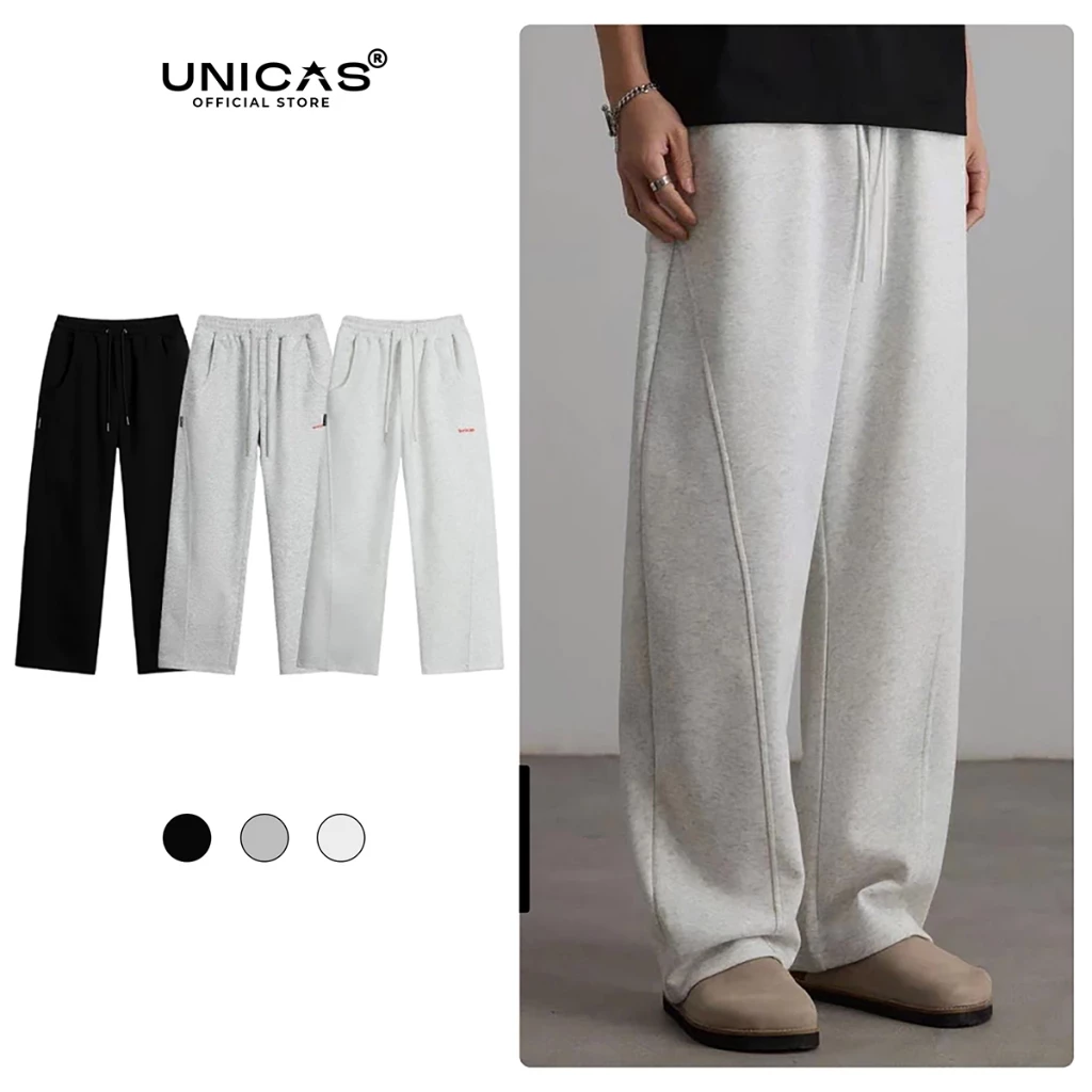 Quần Dài Nỉ UNICAS Form Ống Suông Tôn Dáng Che Khuyết Điểm Chất Vải Nỉ Cao Cấp Lai Kiểu Logo Thêu