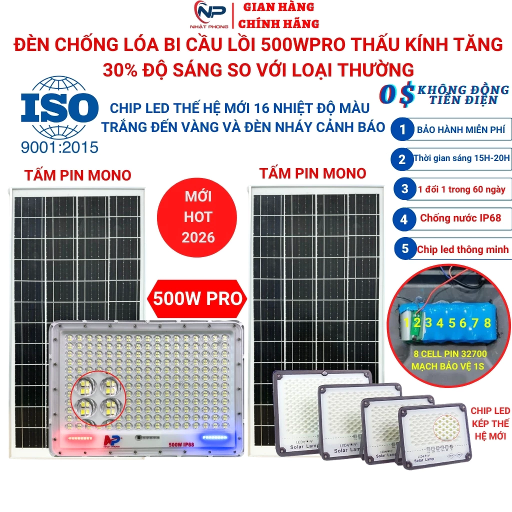 Đèn Năng Lượng Mặt Trời,Đèn Led Chống Lóa Cao Cấp 2026 SHOP NHẬT PHONG 100W,200W,300W,500w Vỏ Nhôm,IP67, BH 2 Năm