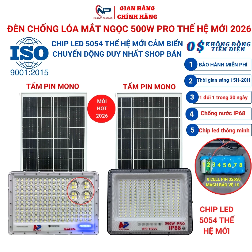 Đèn Năng Lượng Mặt Trời,Đèn Led mắt ngọc 500W PRO Hiển Thị Phần Trăm Pin Khung Nhôm Có Điều Khiển, Chống Nước IP67