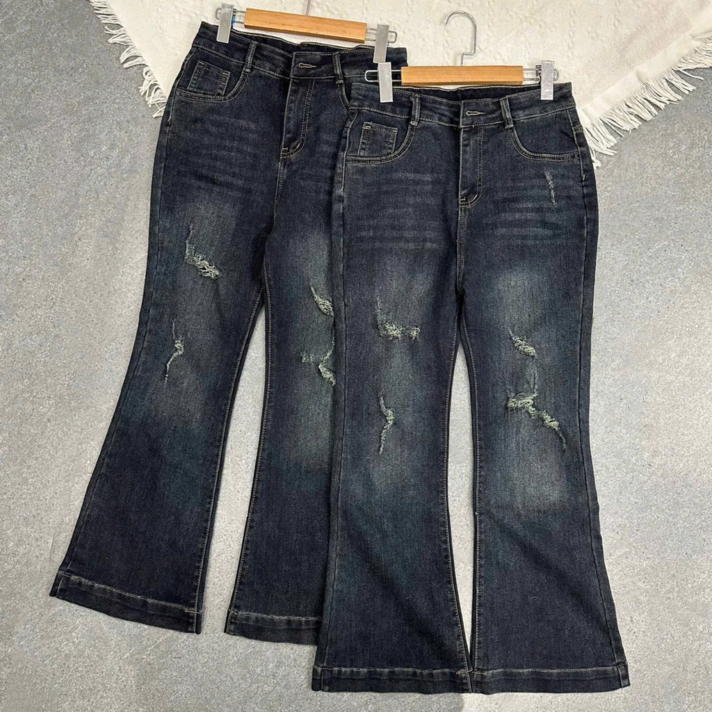 170 BIGSIZE Quần jeans loe nữ cạp cao,quần jeans ống vẩy lưng cao tạo kiểu 2 bên