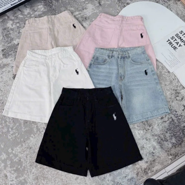 Quần jean ngố thêu ngựa cạp cao, quần short nữ chất jean kaki mềm nhiều màu, from chữ A năng động