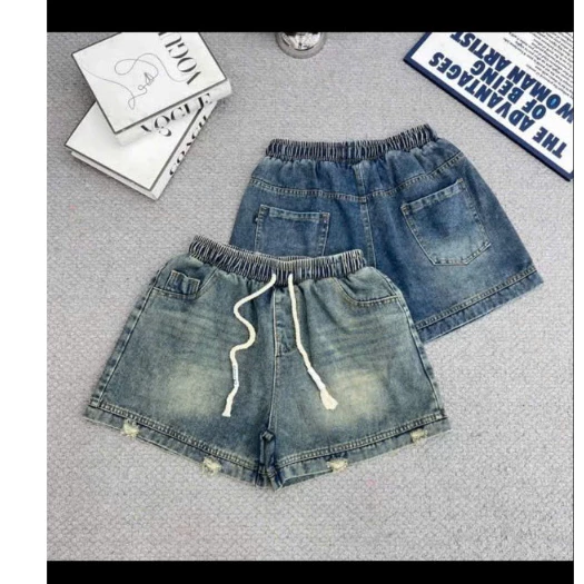 Quần Short Jean Nữ Rách Gấu Cạp Cao Ống Rộng Lưng Chun Mềm Mại Cá Tính có dây rút Mã 16