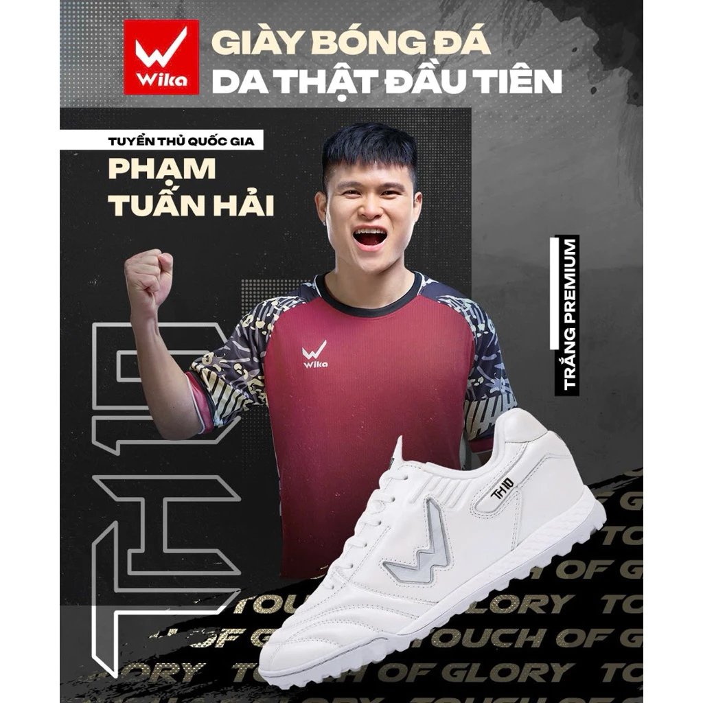 GIÀY BÓNG ĐÁ DA THẬT WIKA TUẤN HẢI TH10 MÀU TRẮNG PREMIUM [Tặng tất + Túi rút + Băng cuốn cổ chân]
