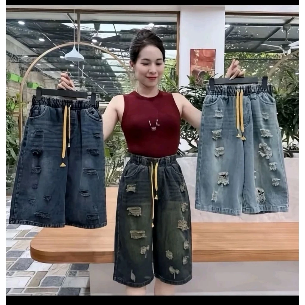 Quần Jean Nữ Ngố Ống Suông Dáng Dài Qua Gối Họa Tiết Rách Cạp Chun Lưng Cao Vải Jean Mềm Mịn