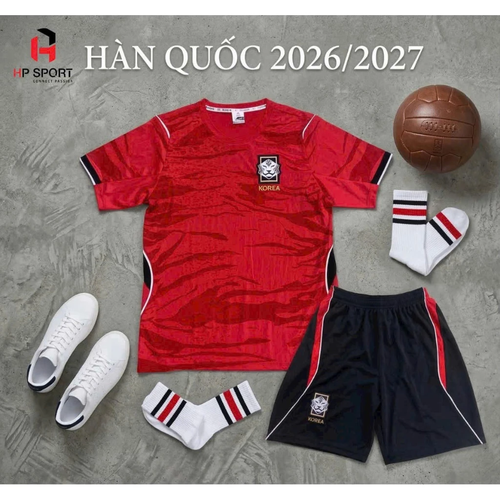 Hàn QUốc Đỏ Hp (Có In Tên Số) Bộ Quần Áo Bóng Đá Thun Mè Cao Cấp Thoáng Mát Logo Thêu