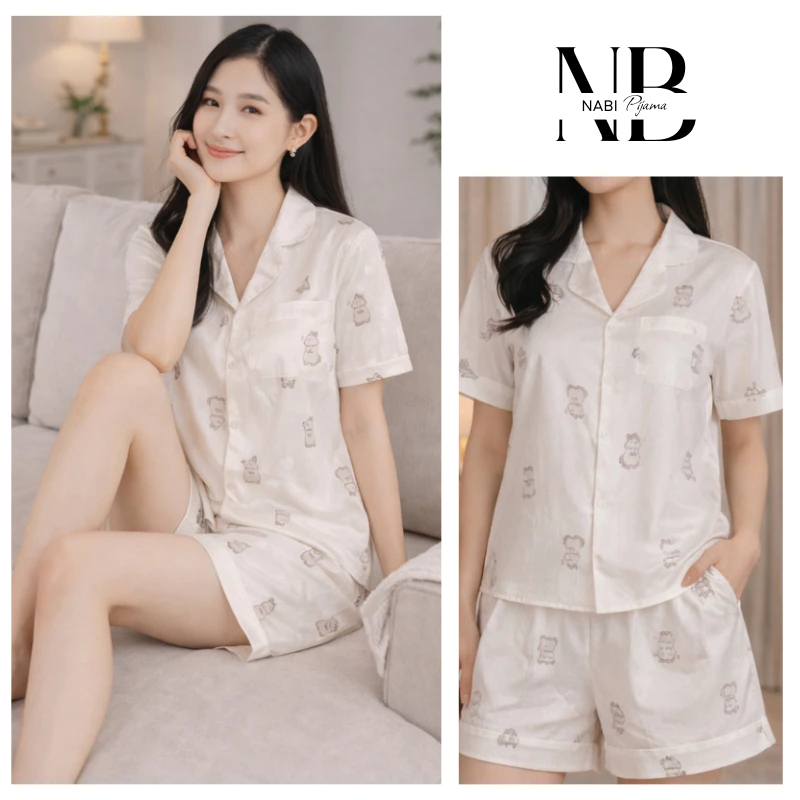 Bộ Đồ Ngủ Áo Cộc, Quần Cộc Hình Thỏ Mập dễ thương, Chất Lụa Xước Cao Cấp, Nhẹ Nhàng Thoải Mái