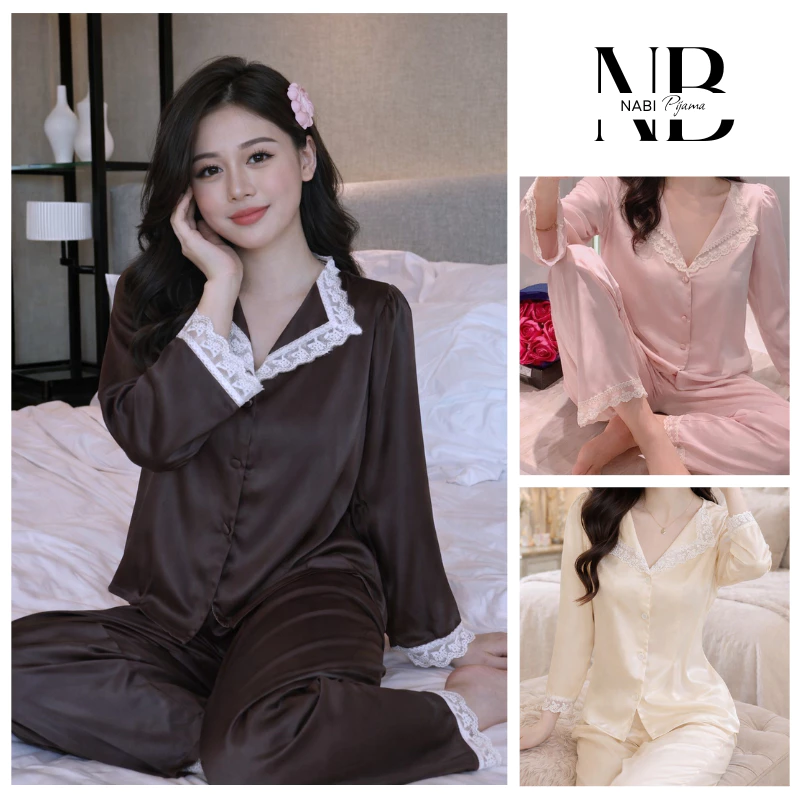 Bộ Ngủ Dài Tay Quần Dài Thiết Kế Phối Ren Chất Lụa Cao Cấp, Mềm - Nhẹ - Thoải Mái
