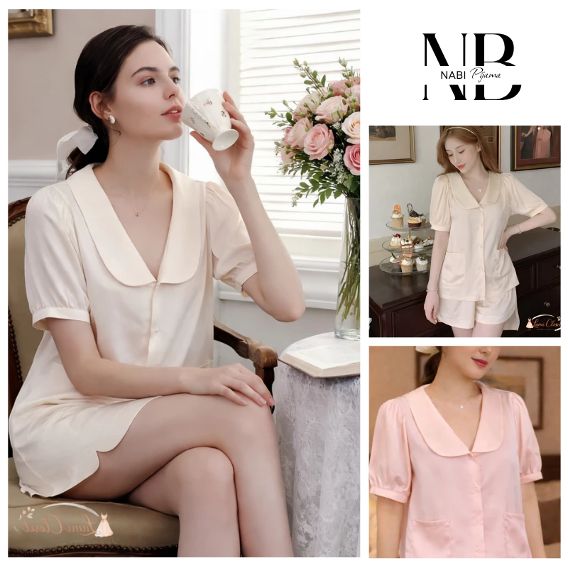 Bộ mặc nhà Pijama nữ cao cấp,Lụa Ngọc Trai Pháp mềm mịn, thiết kế trơn – Áo Cộc, Quần Cộc  B05