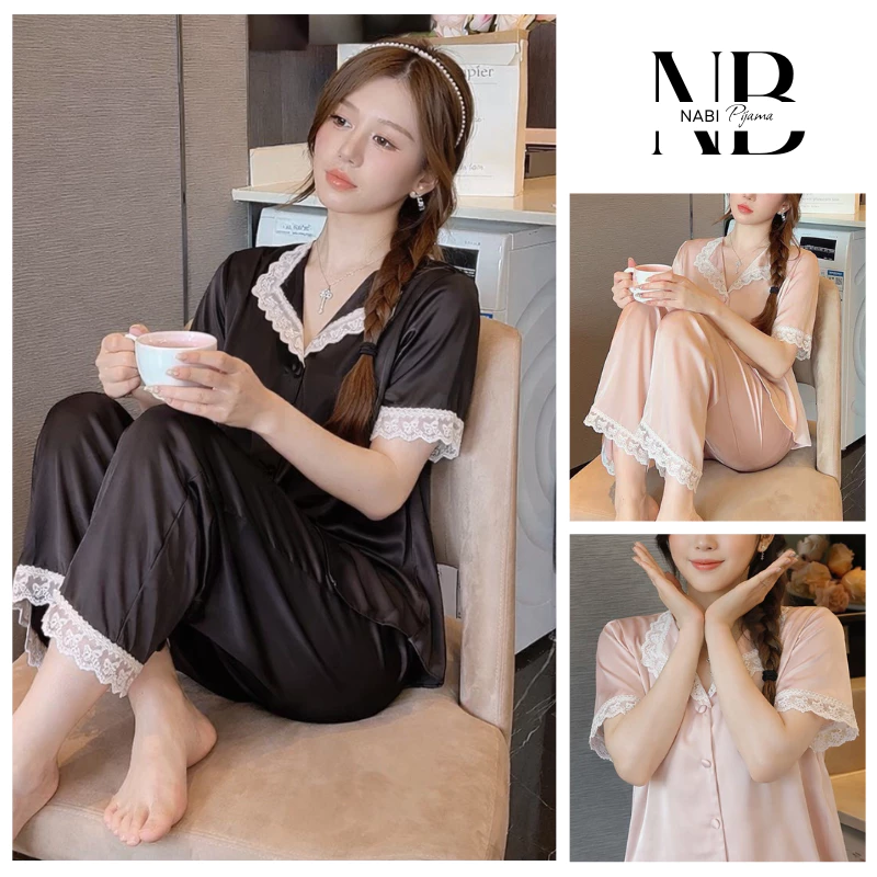 Bộ Ngủ Cộc Tay, Quần Dài Thiết Kế Phối Ren, chất lụa cao cấp mềm mại, mặc nhà hay ra ngoài đều thoải mái