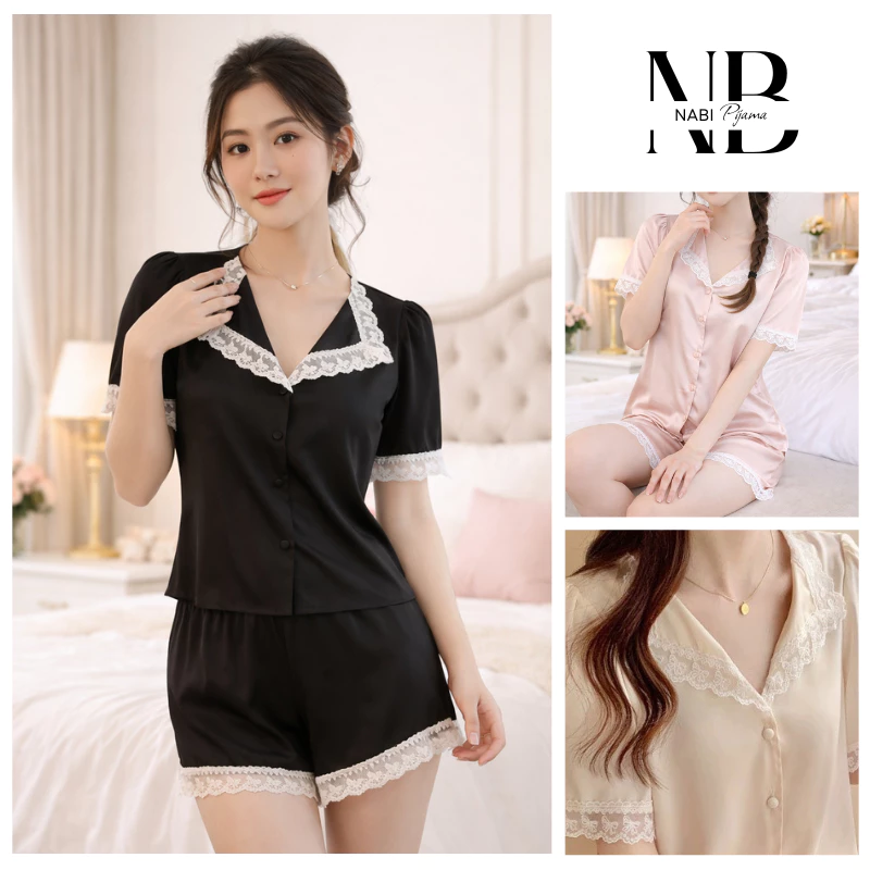 Bộ Ngủ Cộc Tay Thiết Kế Phối Ren, chất lụa cao cấp mềm mại, mặc nhà thoải mái