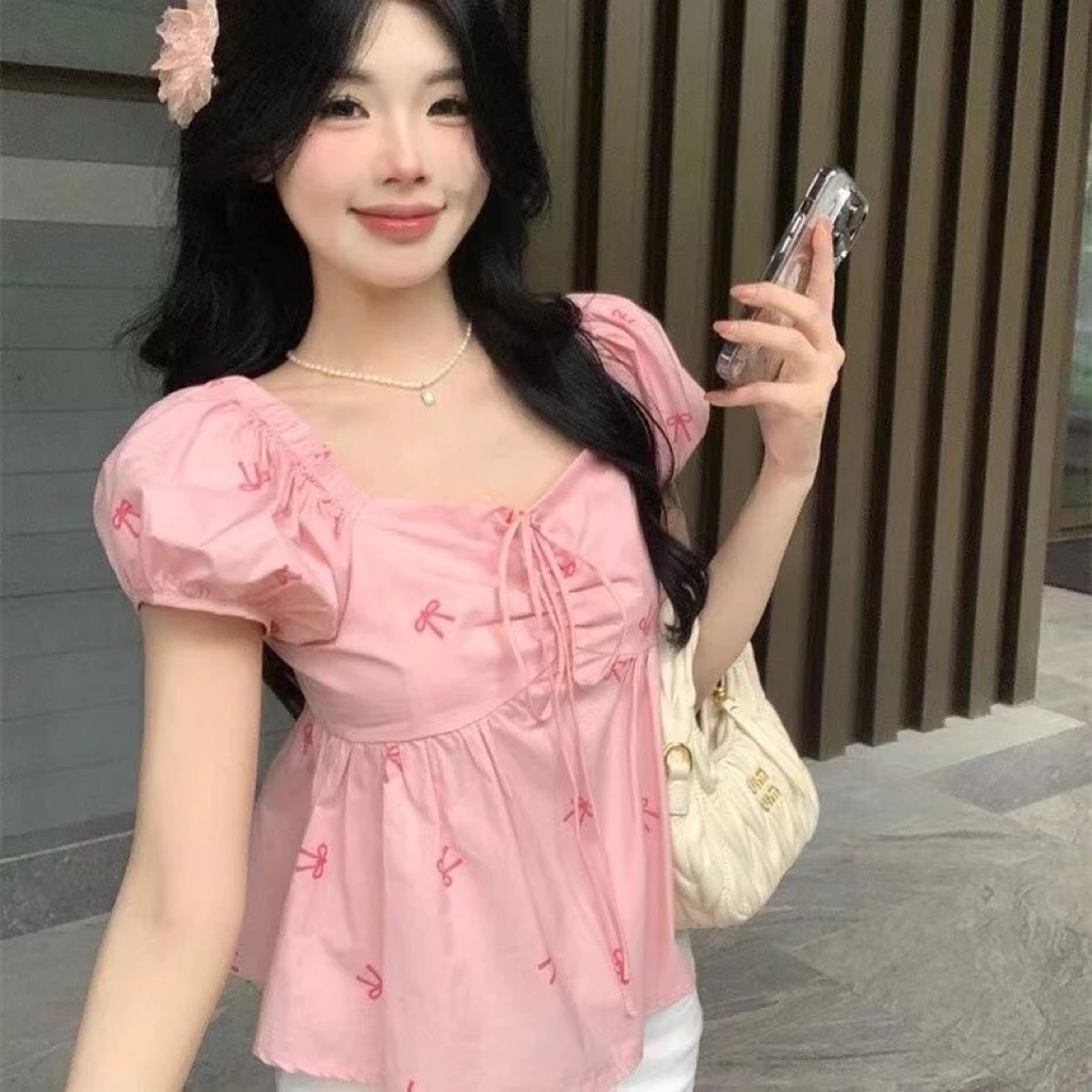 ÁO BABYDOLL NỮ TAY PHỒNG LƯNG CHUN HOẠ TIẾT NƠ #1737