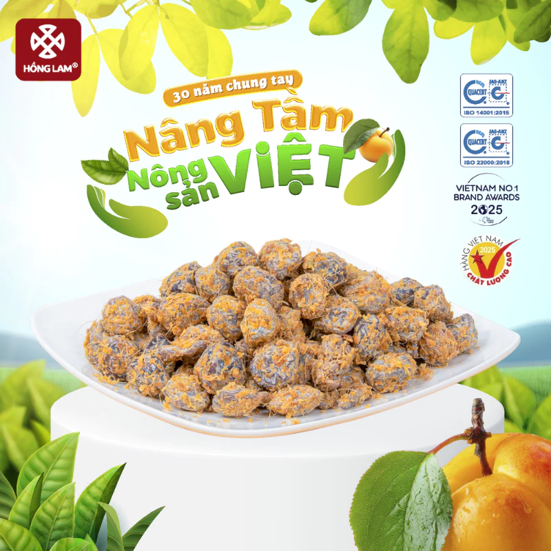 Ô mai (xí muội) mơ gừng đặc sản Hồng Lam. Dạng hộp, gói. Hương vị chua, mặn, ngọt
