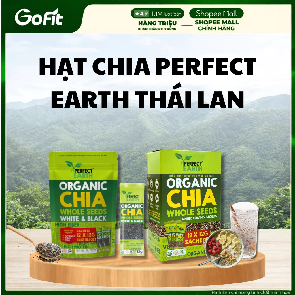 Hạt Chia Perfect Earth Thái Lan Hộp/Túi 12 Gói - Nguyên Chất Dễ Sử Dụng, Dùng Pha Uống Hoặc Chế Biến