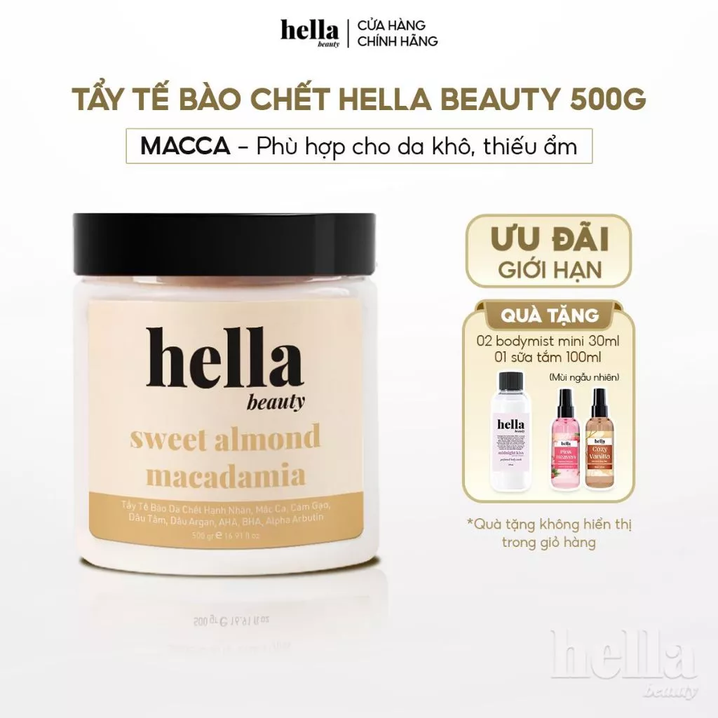 Tẩy tế bào chết body macca hạnh nhân Hella Beauty 500g giúp làm sạch sâu hỗ trợ da ẩm mịn