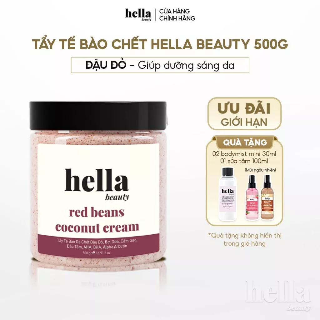 Tẩy tế bào chết body đậu đỏ Hella Beauty 500g giúp làm sạch sâu hỗ trợ dưỡng sáng da