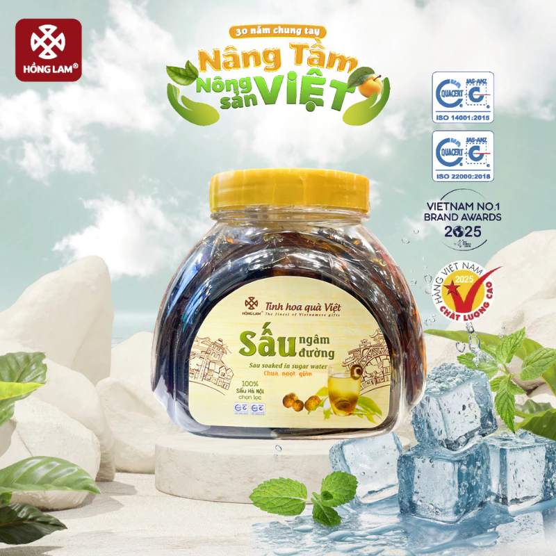 Nước sấu ngâm đường Hồng Lam, dạng hũ. Khi pha vị chua, ngọt giải khát tốt