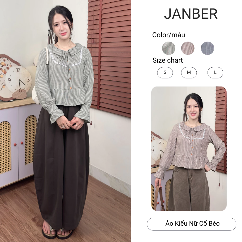 Áo Sơ Mi Thô Đũi Mềm Kẻ Sọc Phối Ren Tay Xòe Dễ Thương JANBER