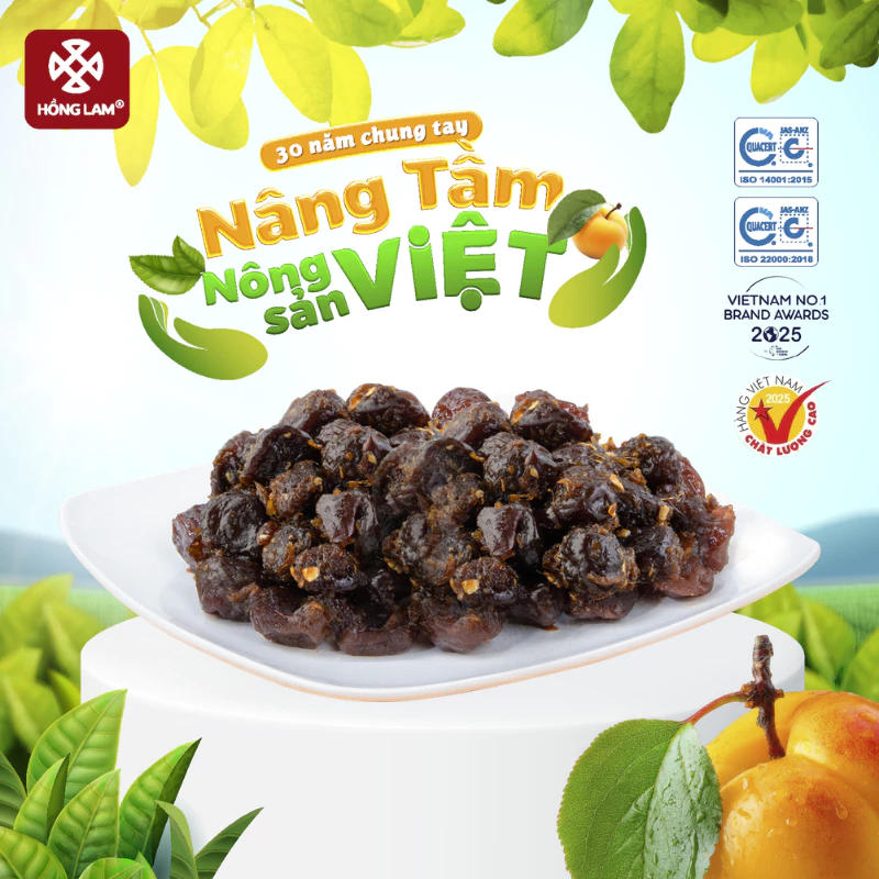 Ô mai (xí muội) mơ xào chua ngọt Hồng Lam, dạng hộp. Hương vị chua, ngọt