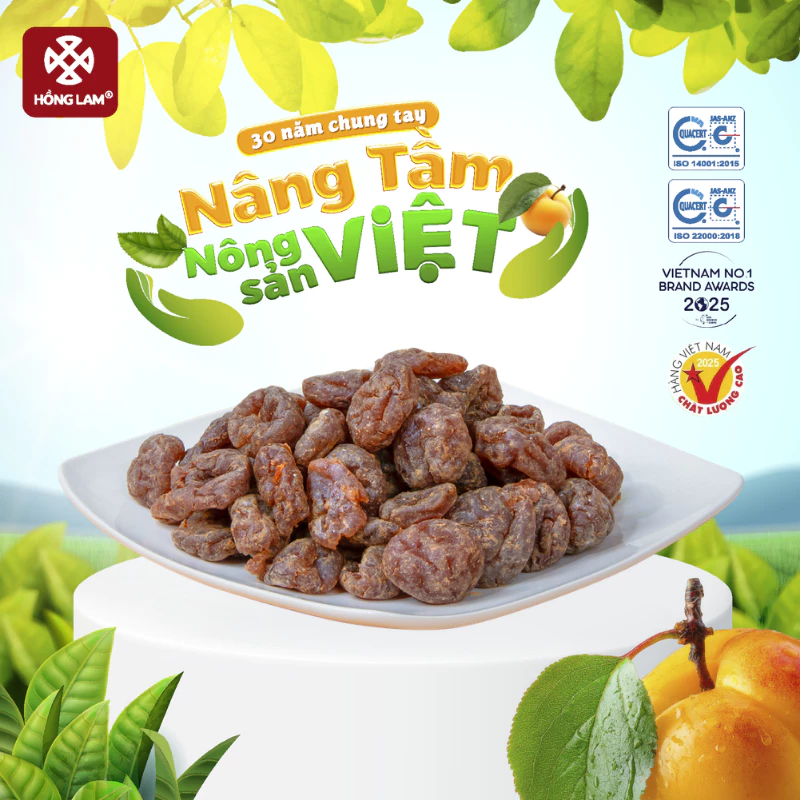Ô mai (xí muội) mơ Hồng Lam 4. Dạng hộp, dòng ô mai tách hạt. Vị chua, ngọt của cam thảo