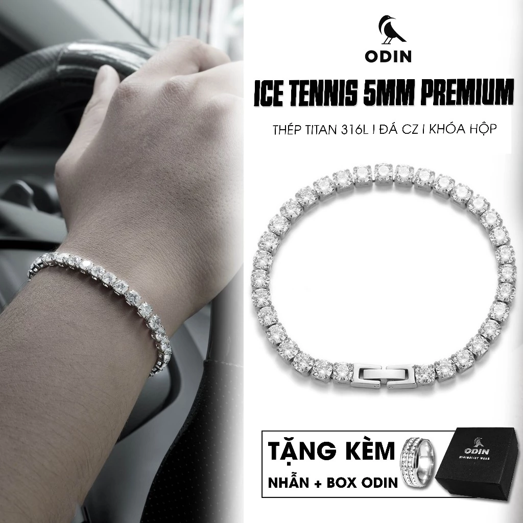 Vòng tay ODIN Ice Tennis PREMIUM 5MM-Khóa hộp Box-clasp -Thép Titan 316L đính đá CZ - KHÔNG GỈ - Tặng kèm nhẫn