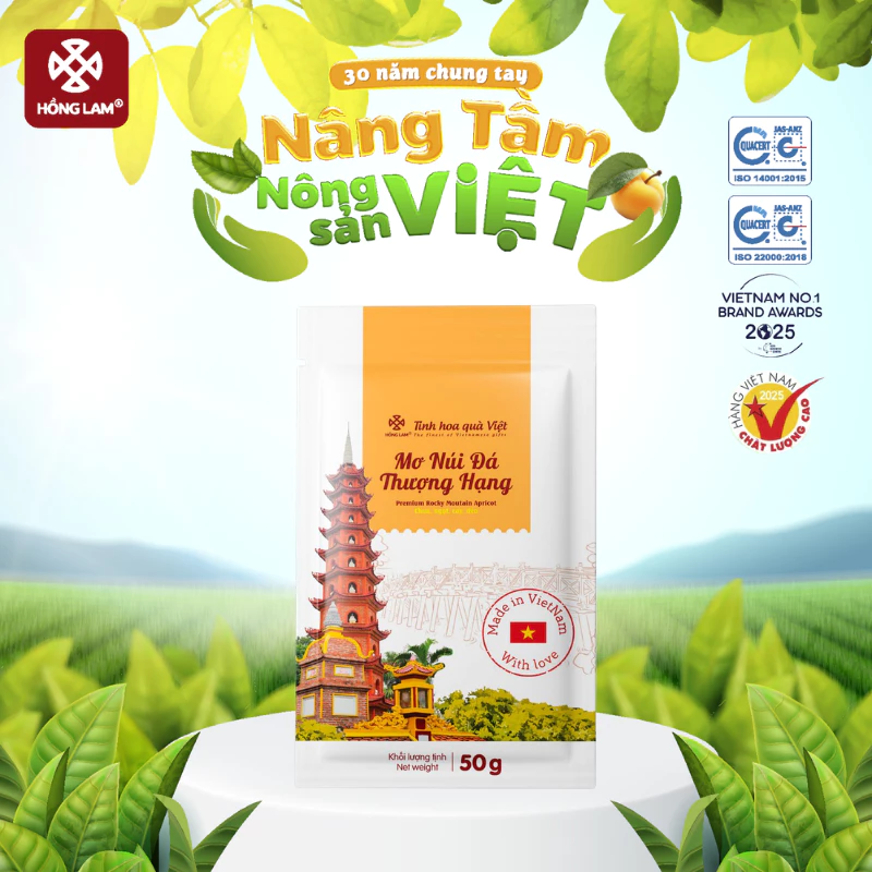 Ô mai (xí muội) Mơ núi đá thượng hạng Hồng Lam túi 50gram. Có vị chua, ngọt, dẻo, cay