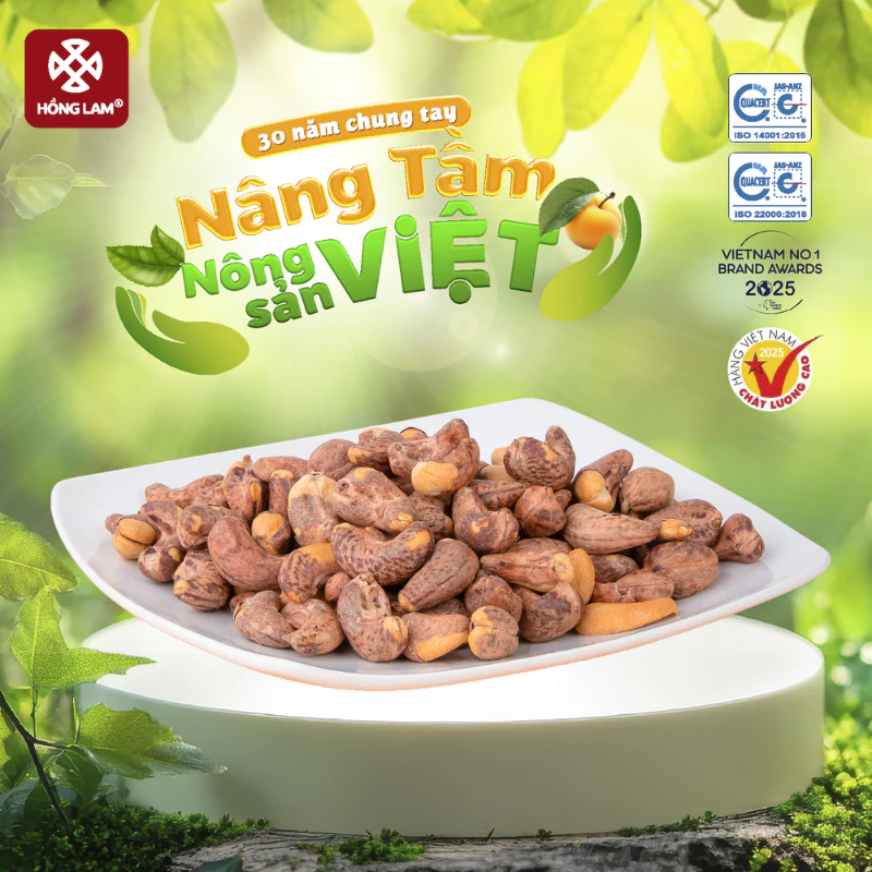 Hạt điều vỏ lụa rang muối Hồng Lam, dạng hộp và gói. Hương vị thơm, ngọt bùi