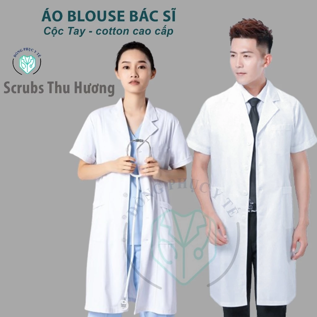 Áo Blouse trắng dáng dài ngắn tay, dài tay nam, nữ cho bệnh viện, phòng khám, bác sĩ, dược sĩ, spa