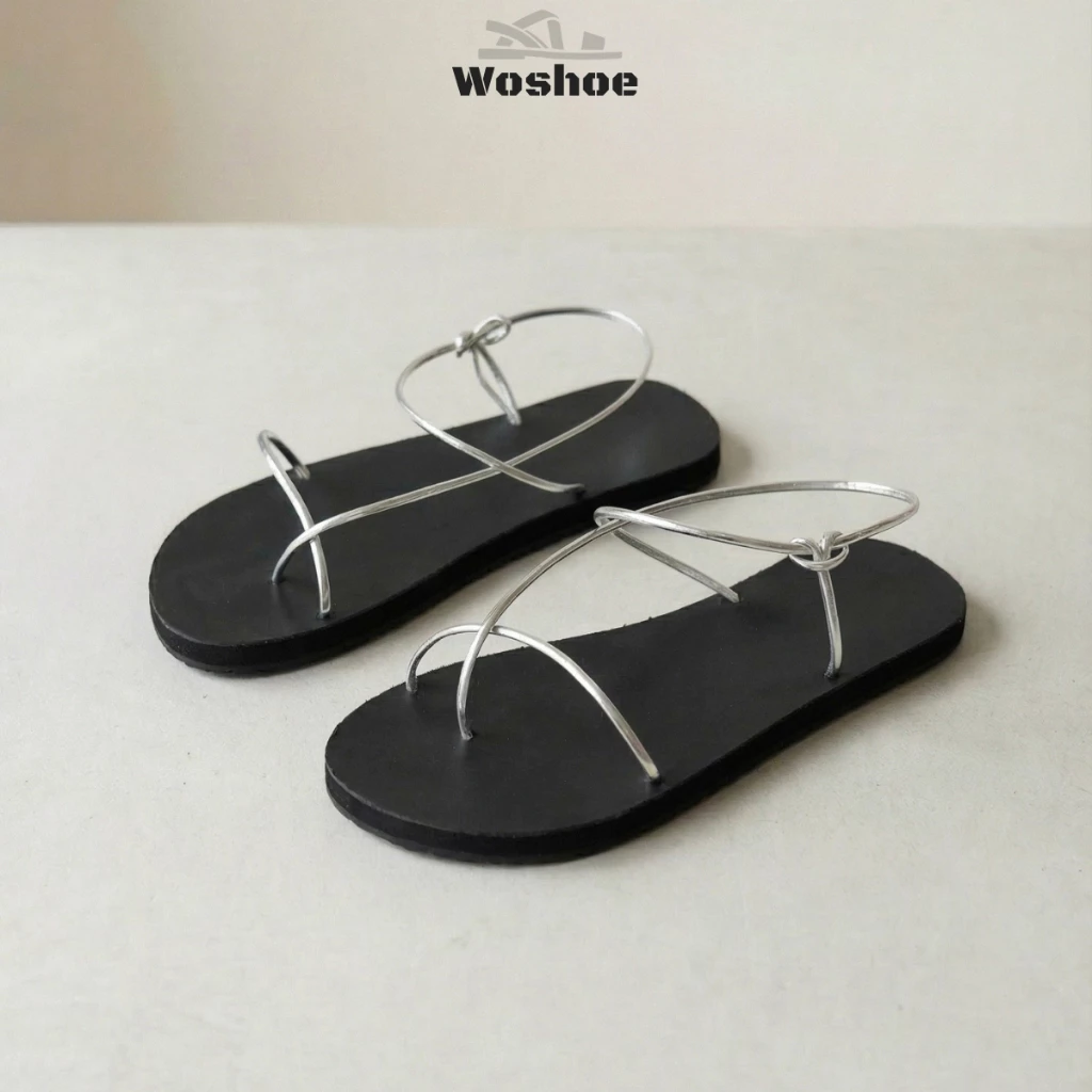 Sandal quai mảnh bạc korean style WOSHOE dép đi biển, đi học đế bệt 1.5 cm
