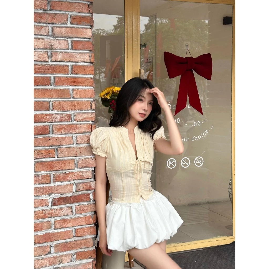 Áo Kiểu Nữ Dáng Croptop Chi Tiết Cổ Tàu Tay Bồng Cột Dây Nơ Mùa Hè Ki mee KA832