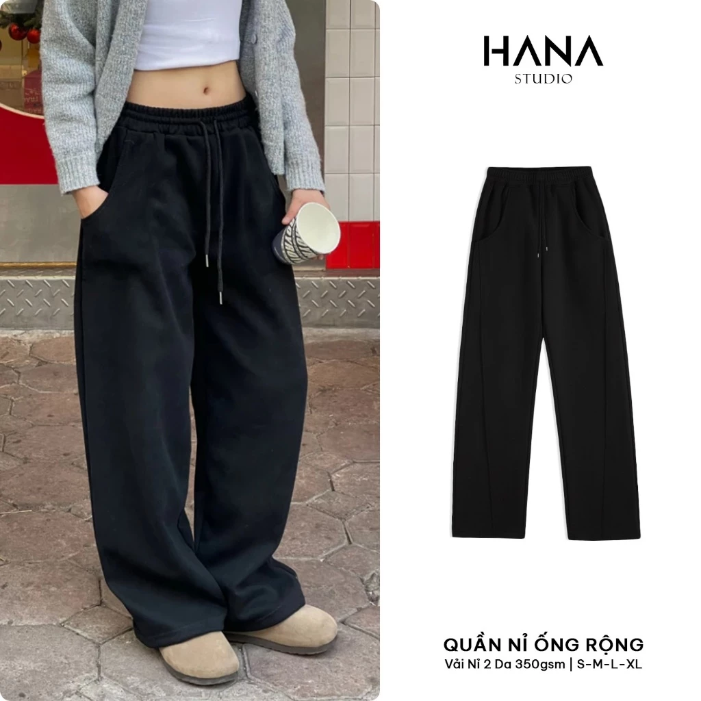 Quần Nỉ Nữ Màu Đen Ống Suông Cạp Cao Nỉ 2 Da 350gsm, Quần Dài Nữ Dáng Rộng Trendy