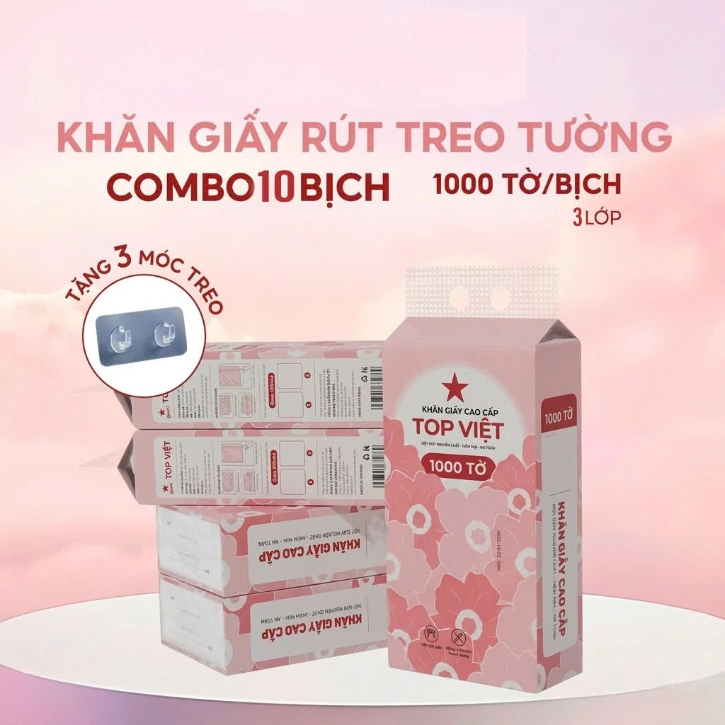 Thùng 10 Bịch Khăn Giấy TOP VIỆT 3 Lớp Mềm Mịn, Bột Gỗ Tự Nhiên Thân Thiện An Toàn Tặng 3 móc treo.