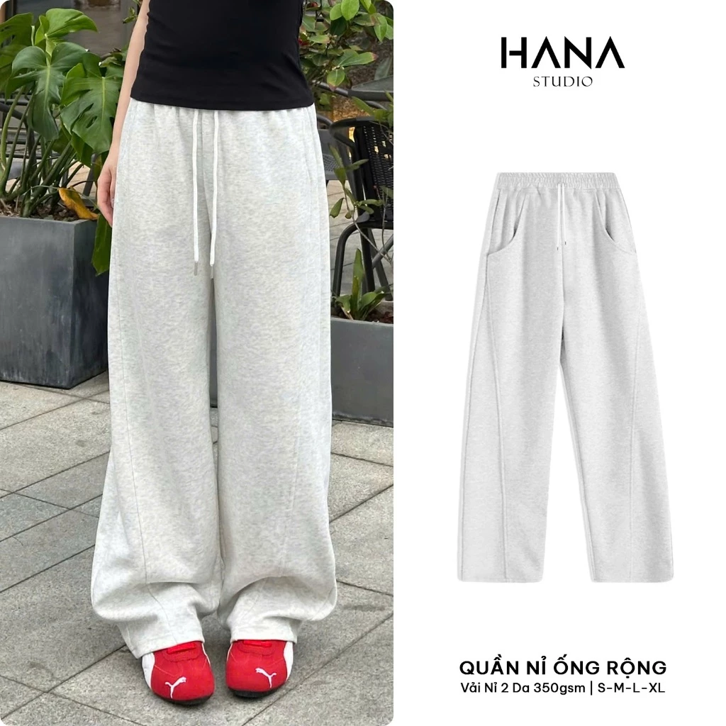 Quần Nỉ Nữ Ống Rộng Cạp Cao Nỉ 2 Da 350gsm Quần Dài Style Streetwear Cá Tính