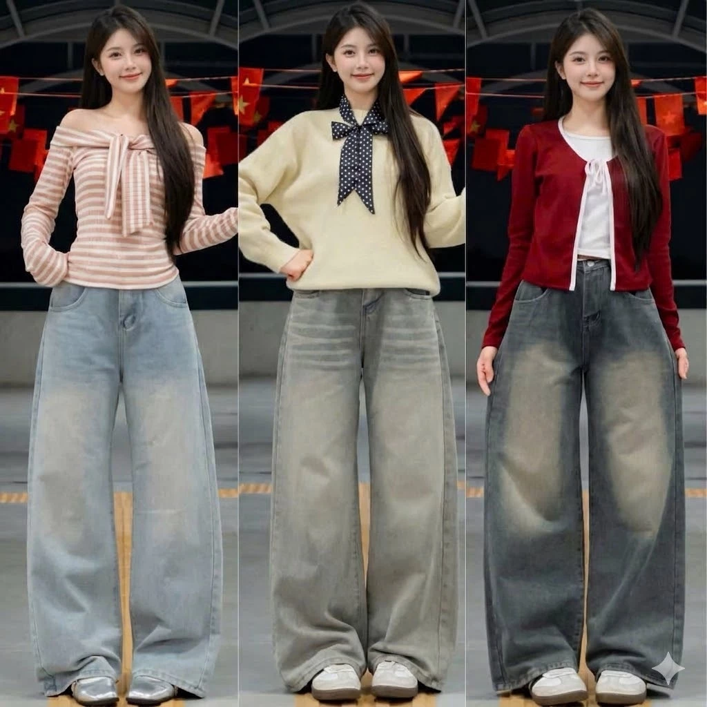 Quần Jeans Ống Suông Rộng Đứng  Cạp Cao Màu RETRO , Quần Bò Ống Rộng Chất Jean Mềm Form Unisex_VER1