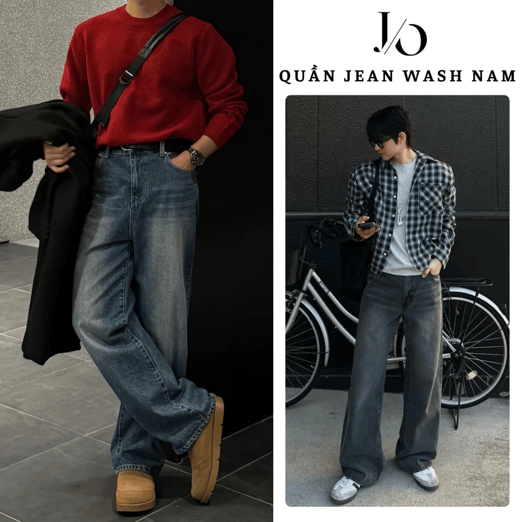 Quần Jean Nam Xanh Xám Wash Retro Ống Rộng 25cm Form Suông Basic Quần Jean Unisex Cạp Cao Dáng Đứng