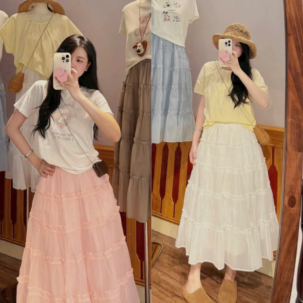 Chân váy midi dáng xòe chất tơ 5 tầng viền bèo, váy dáng dài 2 lớp cạp chun Renee Store - V462