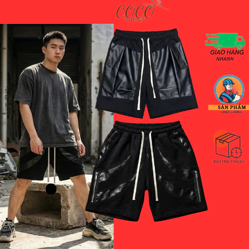 Quần Short Nam Da Bóng Phối Thun Cao Cấp, Quần Đùi Nam Dây Rút Thể Thao Streetwear Form Rộng Cá Tính