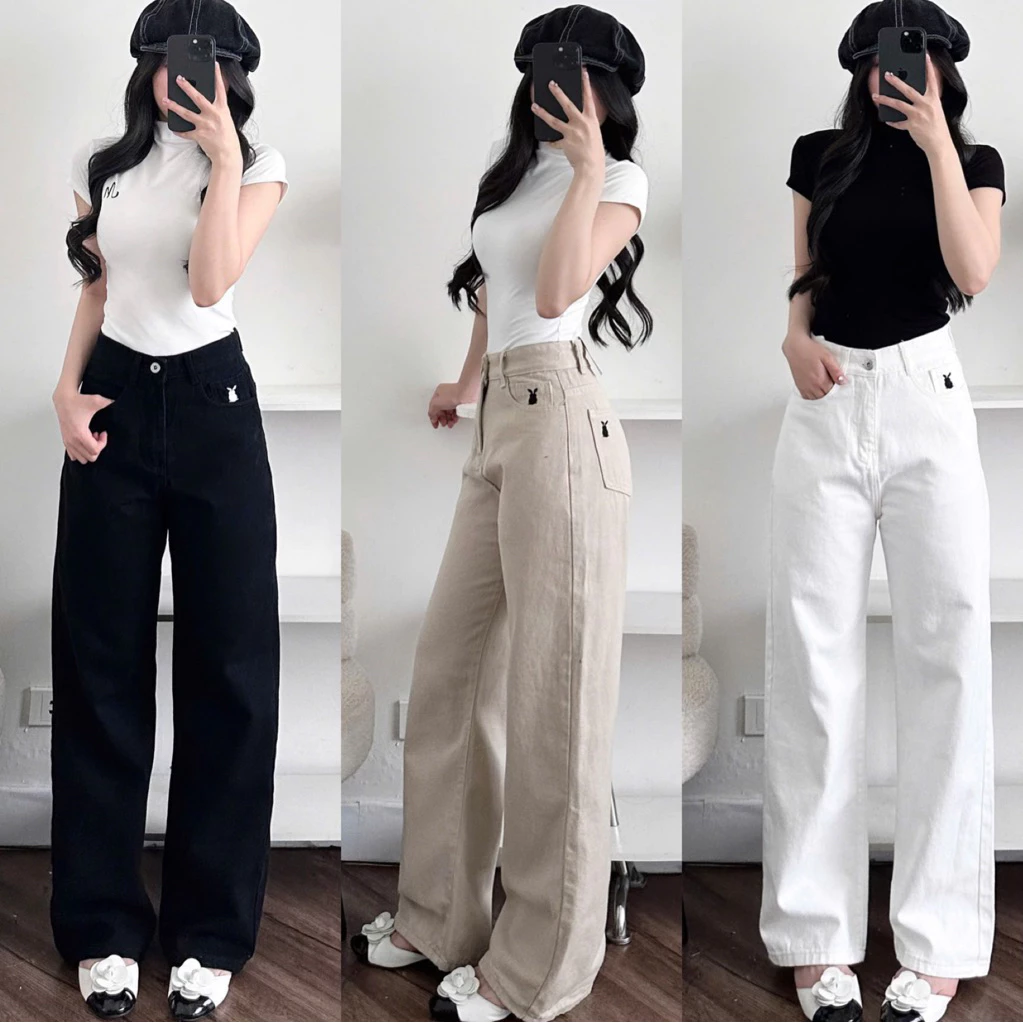Quần Jean Nữ Ống Rộng Thêu Thỏ Lưng Cao Chất Jean Kaki Dày Dặn Mềm Mại Không Xù Dáng Hàn Quốc 40-60kg hot trend 23thang9