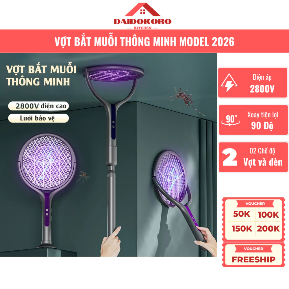 Vợt Bắt Muỗi Thông Minh Model 2026 3in1 - Tay Cầm Kéo Dài, Sạc Type-C PinTrâu, Lưới Bảo Vệ 5 Lớp