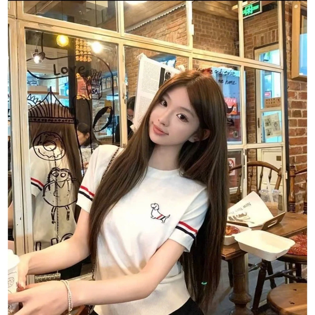 Áo Croptop, áo thun Tay Ngắn cổ tròn kiểu cún ngực sọc tay dành cho nữ dễ thương