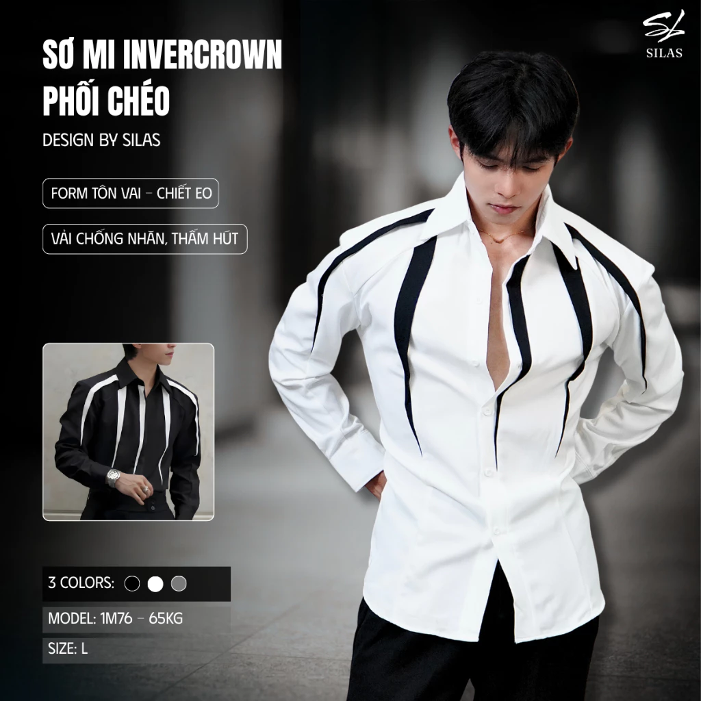 (Form Tôn Vai) Áo Sơ Mi SILAS Phối Chéo InverCrown Cotton Chéo Tay Dài, Chiết Eo - ASL11