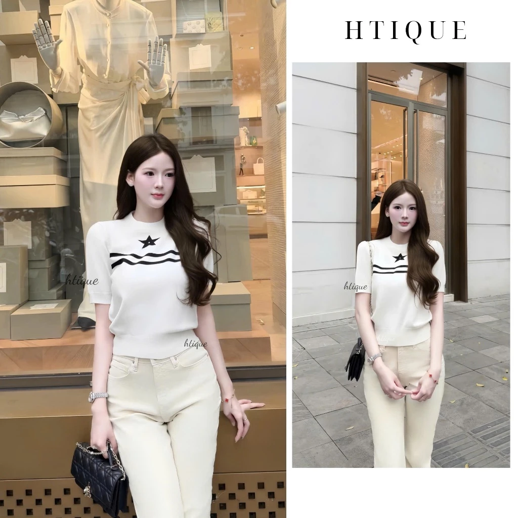 HTIQUE - Mở bán Áo len dệt kim họa tiết ngôi sao và đường line đen, Áo len dệt kim nữ màu trắng sang chảnh AT06