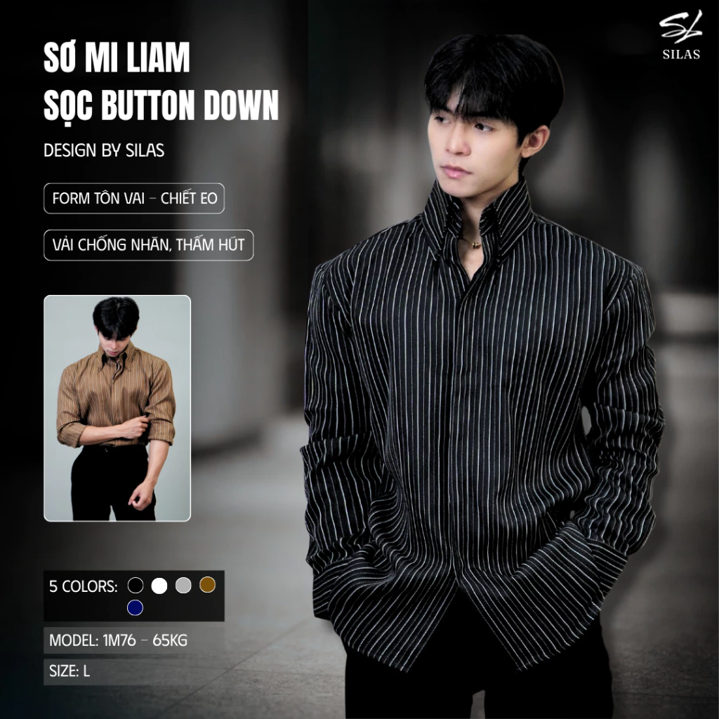 (Form Tôn Vai) Áo Sơ Mi SILAS Sọc LIAM Cổ Button Down Cotton Chéo Giấu Cúc Nam Chiết Eo - ASL25