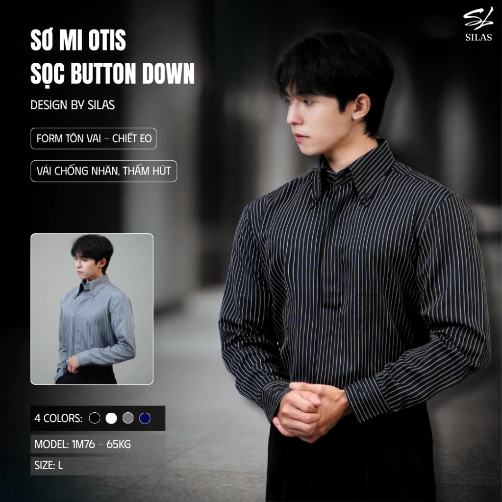 (Form Tôn Vai) Áo Sơ Mi SILAS Sọc Otis Cổ Button Down Cotton Giấu Cúc Nam Thêu SL Chiết Eo - ASL27