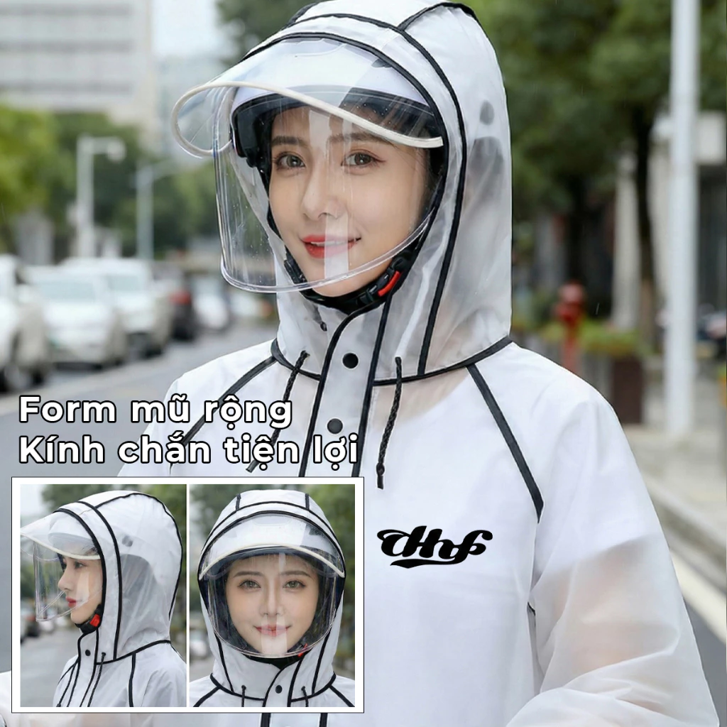 DHF Áo mưa đi xe máy 1 người cao cấp thời trang di xe máy đơn người lớn Màu trắng mờ