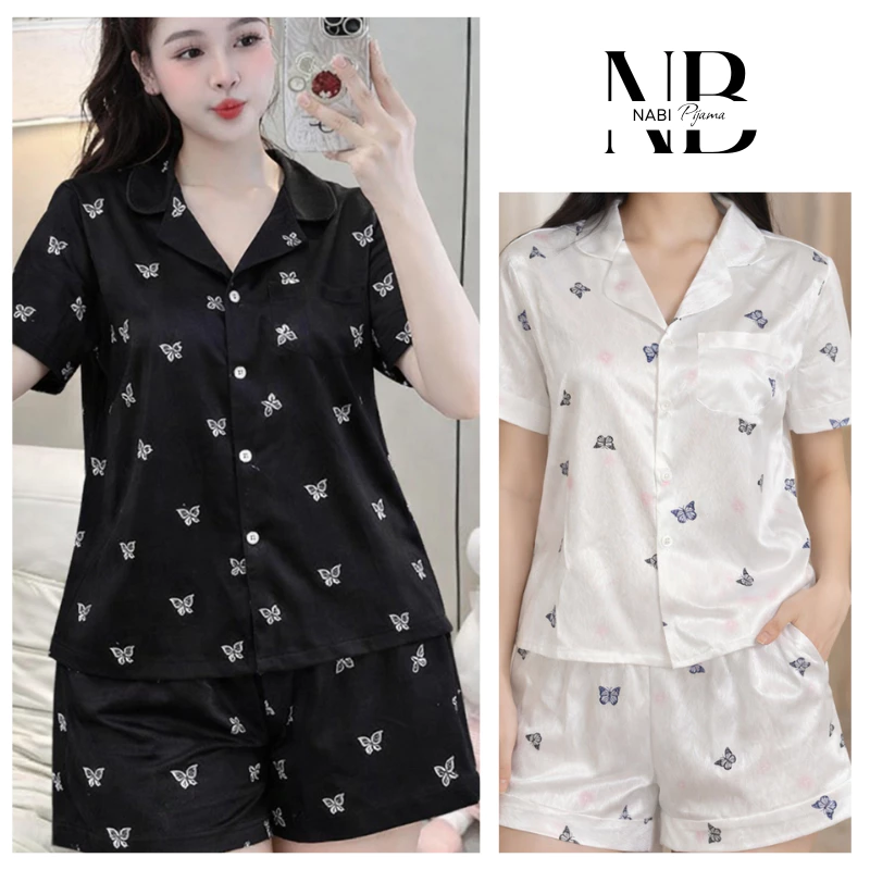 Bộ Đồ Ngủ Cộc Tay, Quần Cộc In Hình Bướm, Lụa Xước Cao Cấp mặc ở nhà, ra ngoài đều thoải mái