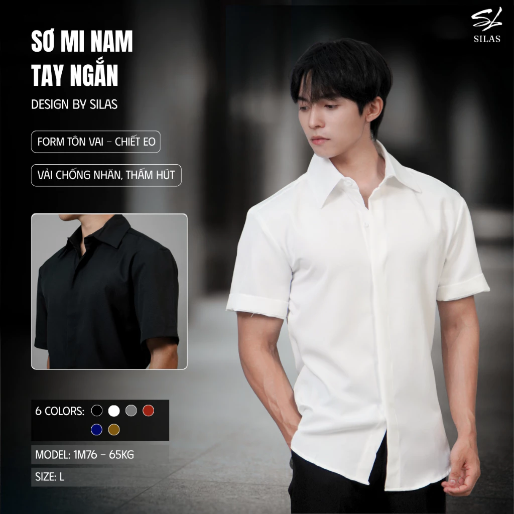 (Form Tôn Vai) Áo Sơ Mi Tay Ngắn SILAS Trơn Cotton Chéo Nam Giấu Cúc Cổ Bẻ Thoáng Mát - ASL34