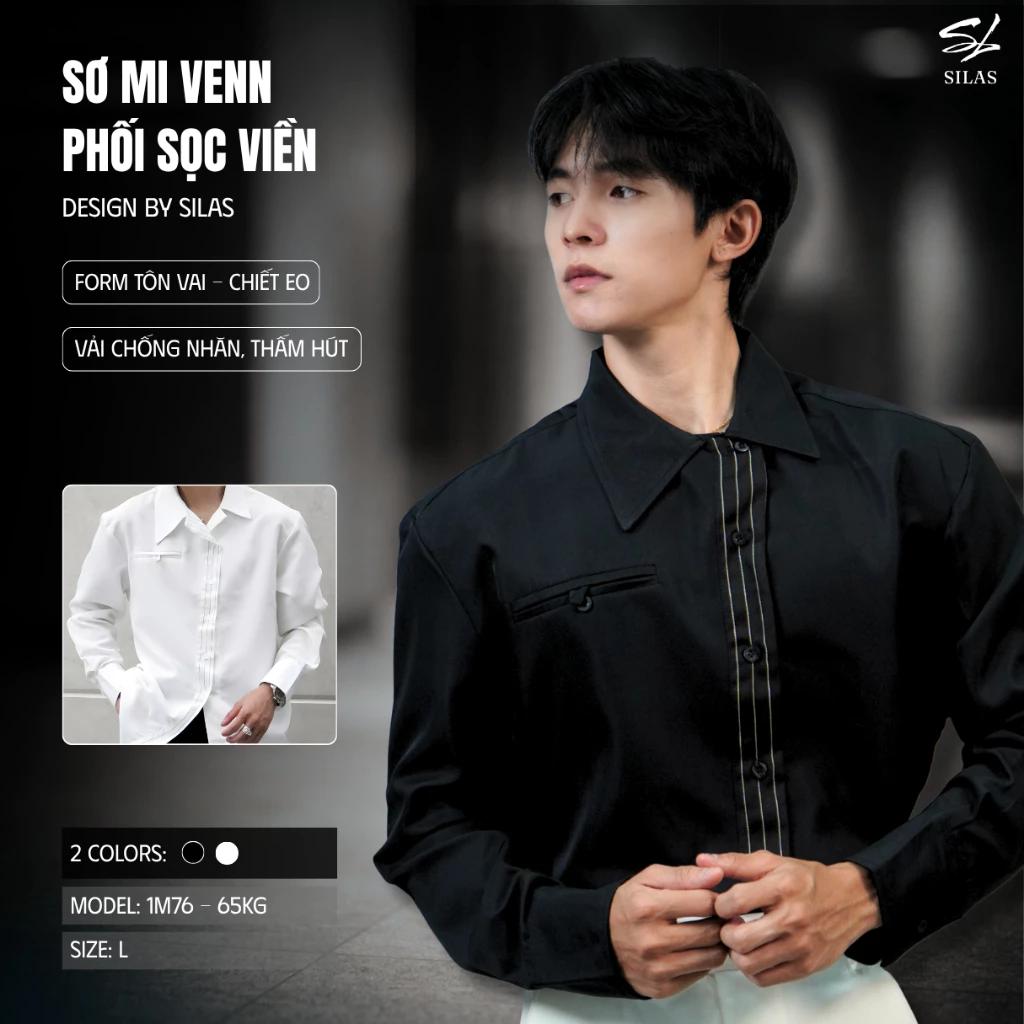 (Form Tôn Vai) Áo Sơ Mi SILAS VENNN Tà Chéo Sọc Viền Cúc Cotton Chéo Trơn Form Rộng Chiết Eo - ASL46