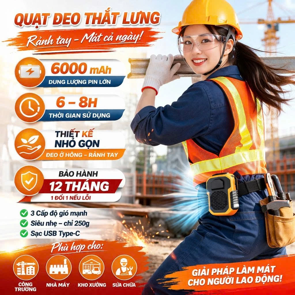 Quạt Đeo Thắt Lưng F49 - Quạt Điều Hoà Đeo Hông Pin 6000 mAh Sử Dụng 6-8h Có Cổng Sạc Dự Phòng, Thiết Kế Nhỏ Gọn