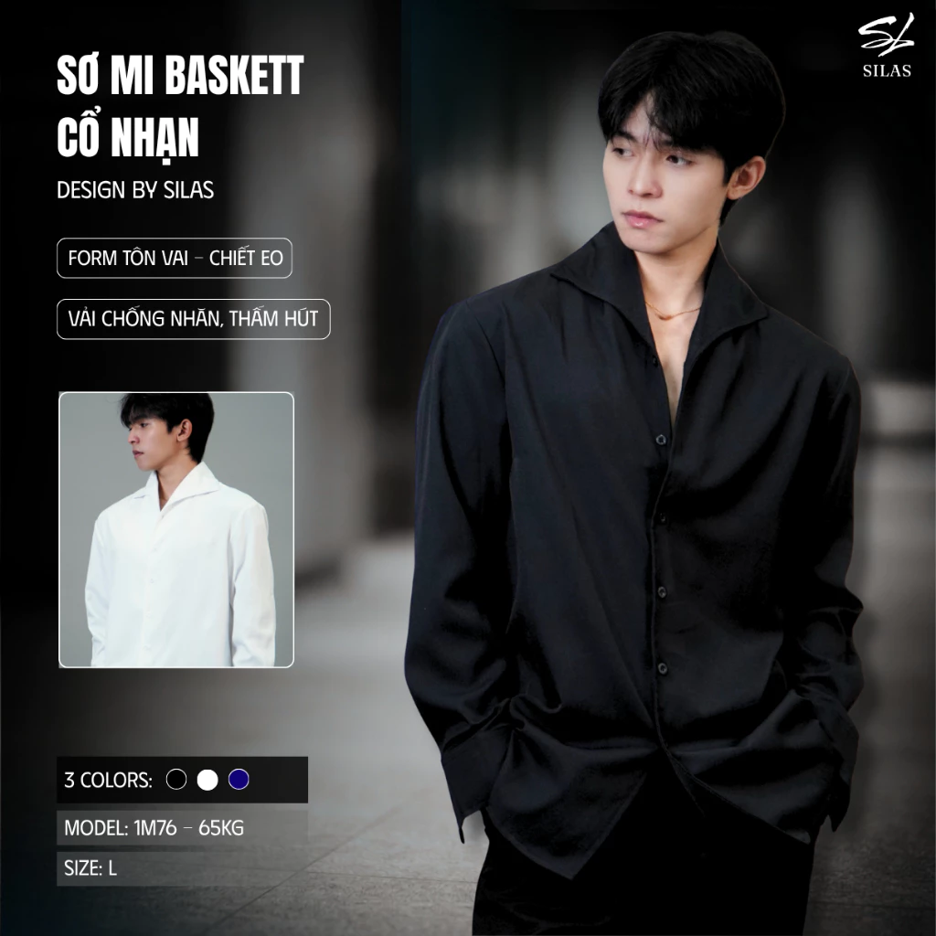 (Form Tôn Vai) Áo Sơ Mi SILAS Trơn BASKETT Cổ Nhạn Cotton Chéo Nam Form Rộng - ASL7